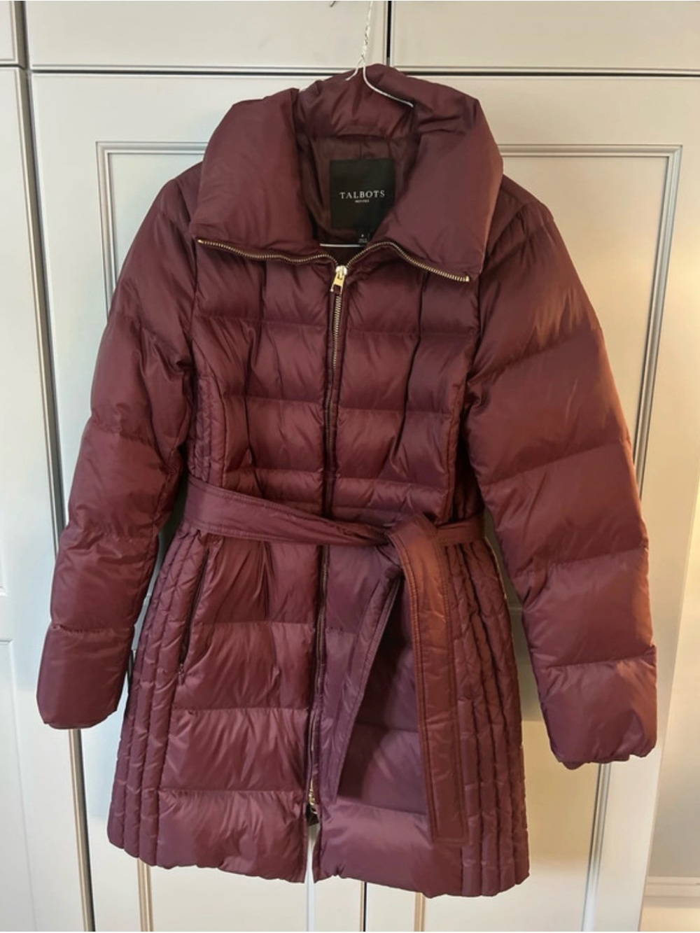 Talbots Burgundy Quilted Belted down Puffer Jacket.